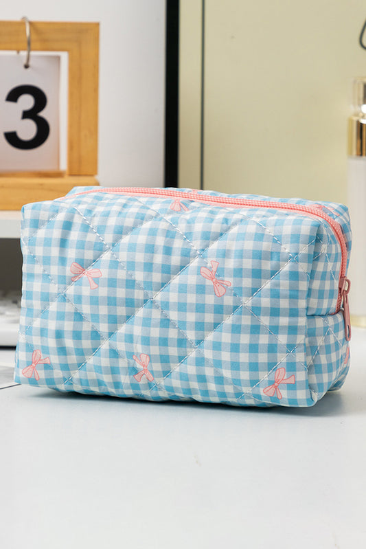 Peacock Blue Sweet Bow Knot Print Quilted Zipper Cosmetic Bag