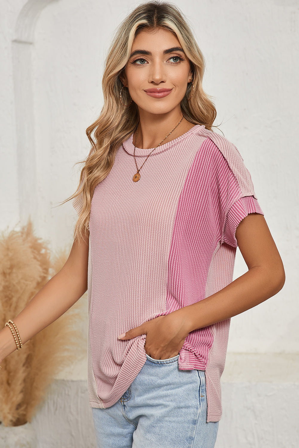 Apricot Pink Colorblock Crinkle Rib Round Neck T Shirt