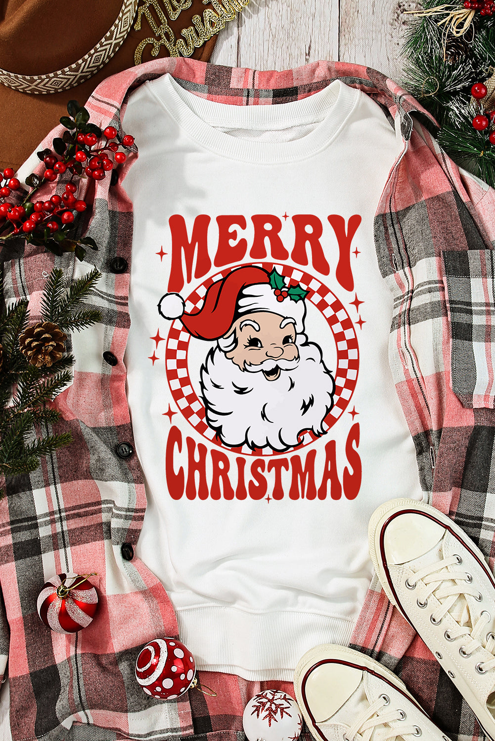 Beige Santa Claus Merry Christmas Graphic Sweatshirt