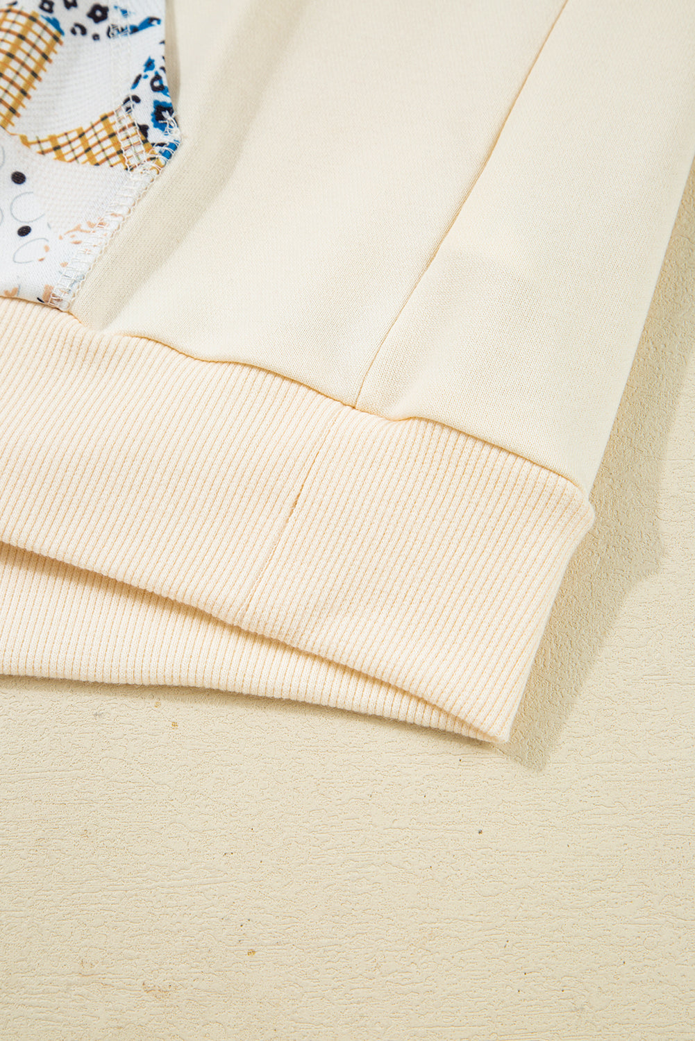 Beige Geo Pattern Patchwork Hoodie with Kangaroo Pocket