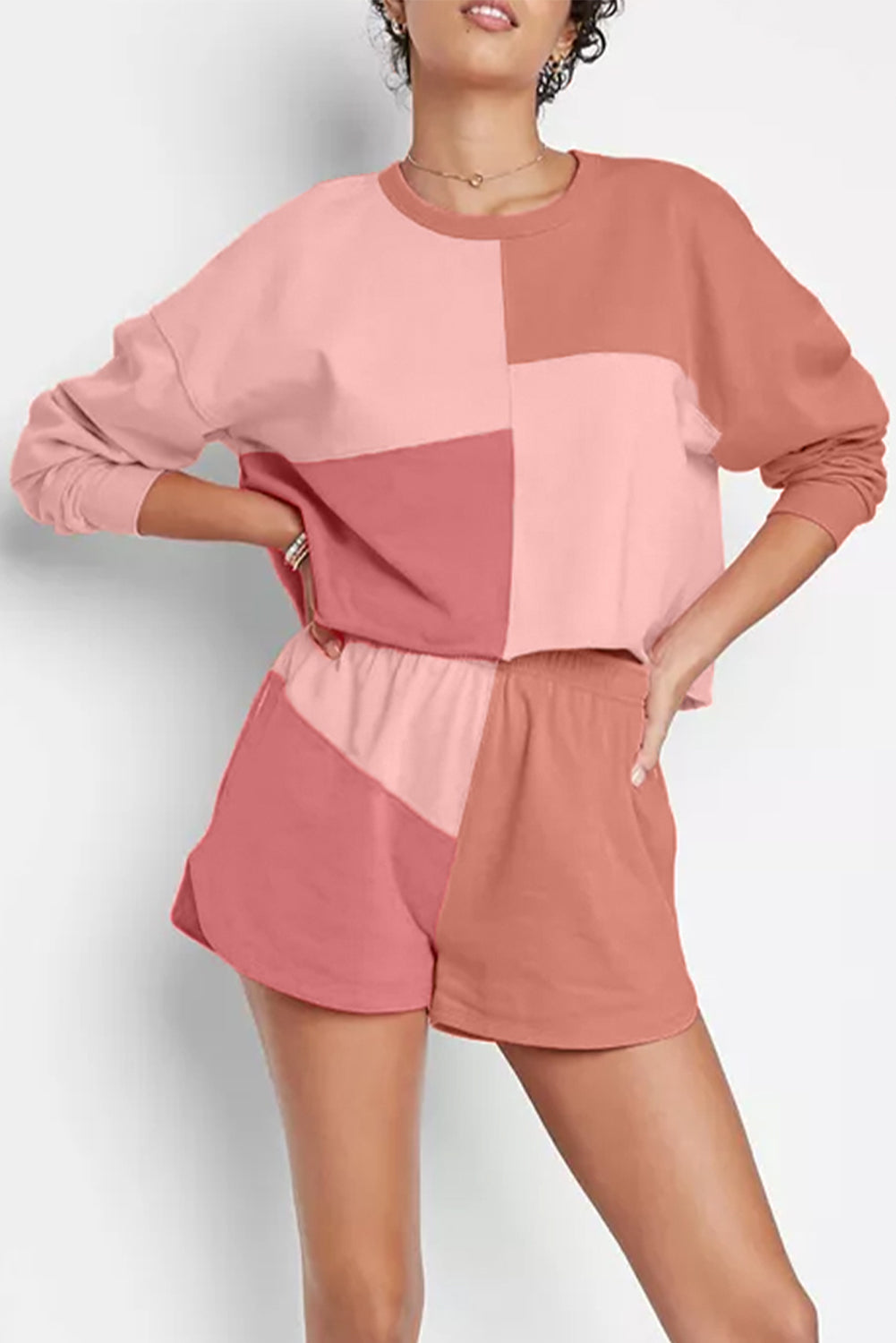 Peach Blossom Colorblock Long Sleeve Top & Pocketed Shorts Set