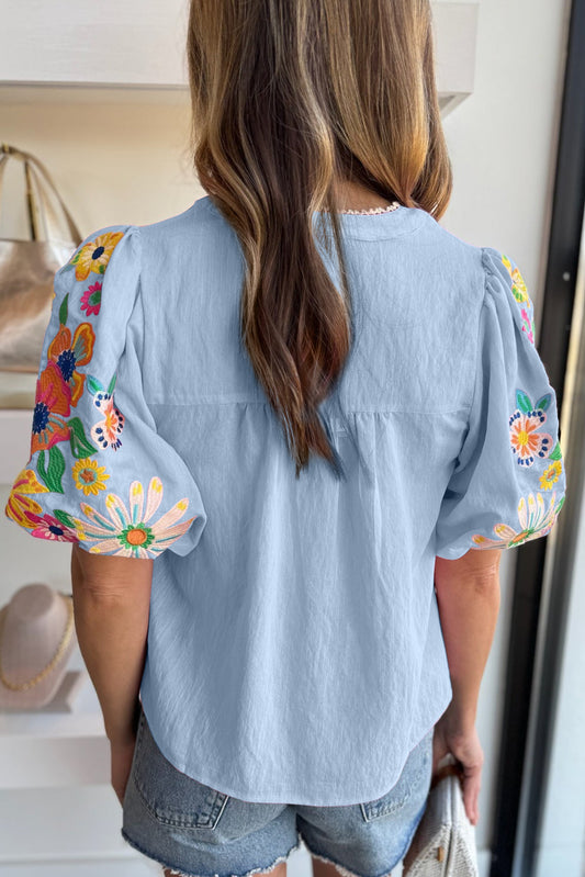 Floral Embroidered Puff Sleeve Split-Neck Blouse