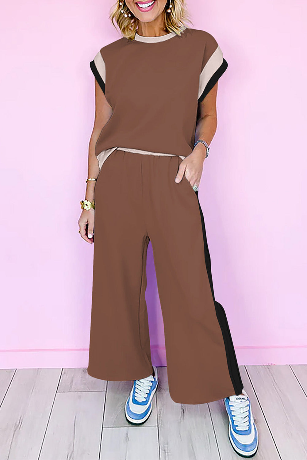 Chestnut Color Block Detail Casual Two piece Outfit