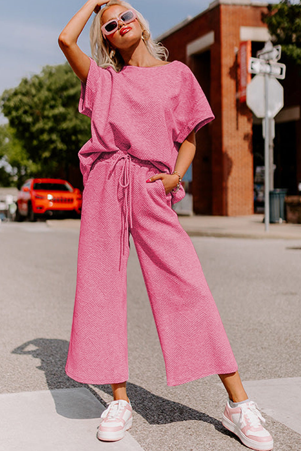 Strawberry Pink Textured Loose Fit T-Shirt and Drawstring Pants Set