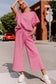 Strawberry Pink Textured Loose Fit T-Shirt and Drawstring Pants Set