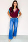 Burgundy Contrast Trim V-Neck Cuffed Short Sleeve Loose Sweater