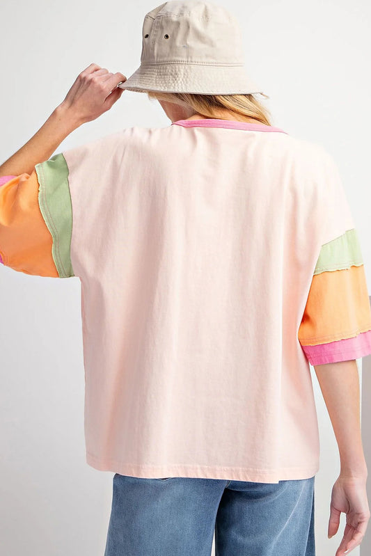 Pink Game Day Baseball Graphic Color Block Sleeve Tee