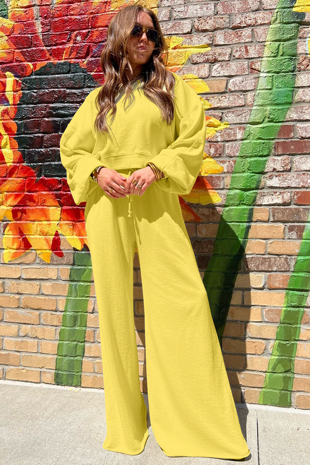 Vibrant Drop Shoulder Pullover & Wide Leg Pants Set