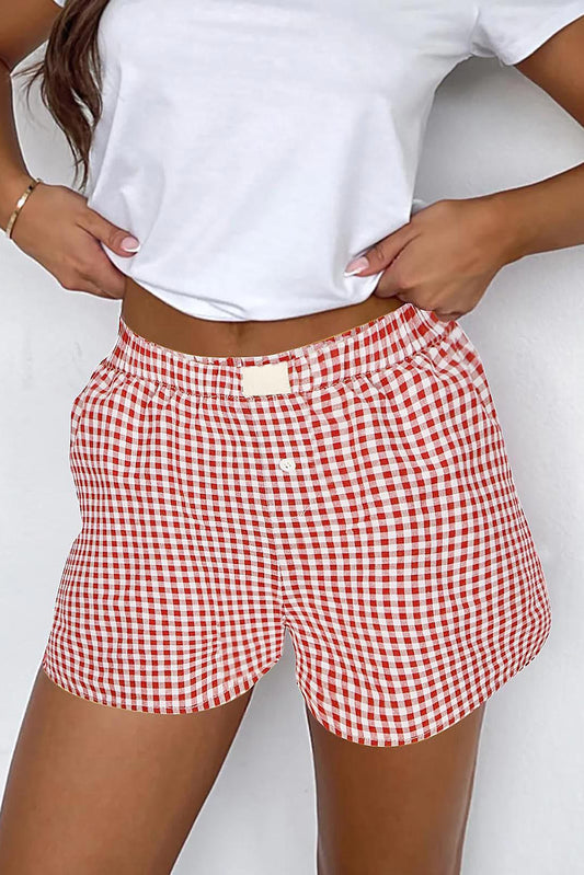 Red Vintage Plaid Print High Waisted Loose Wide Leg Shorts