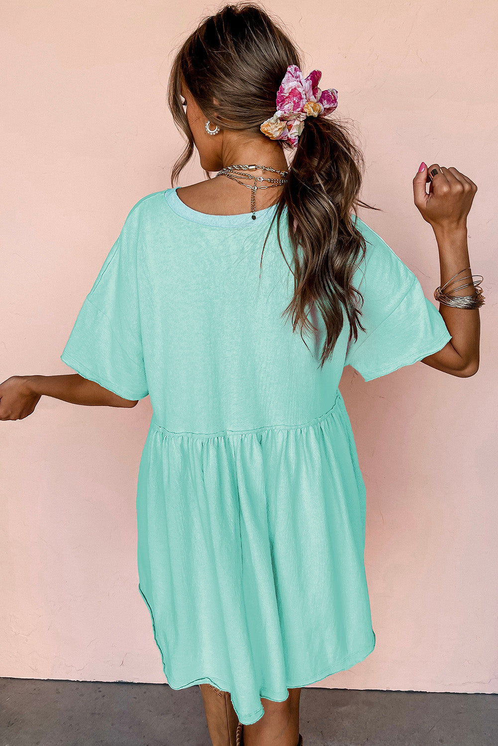 Raw Edge Pocketed Babydoll T-Shirt Dress – Mint