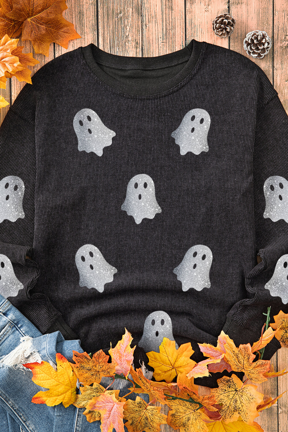 Gray Halloween Ghost Corded Crew Neck Loose Sweatshirt