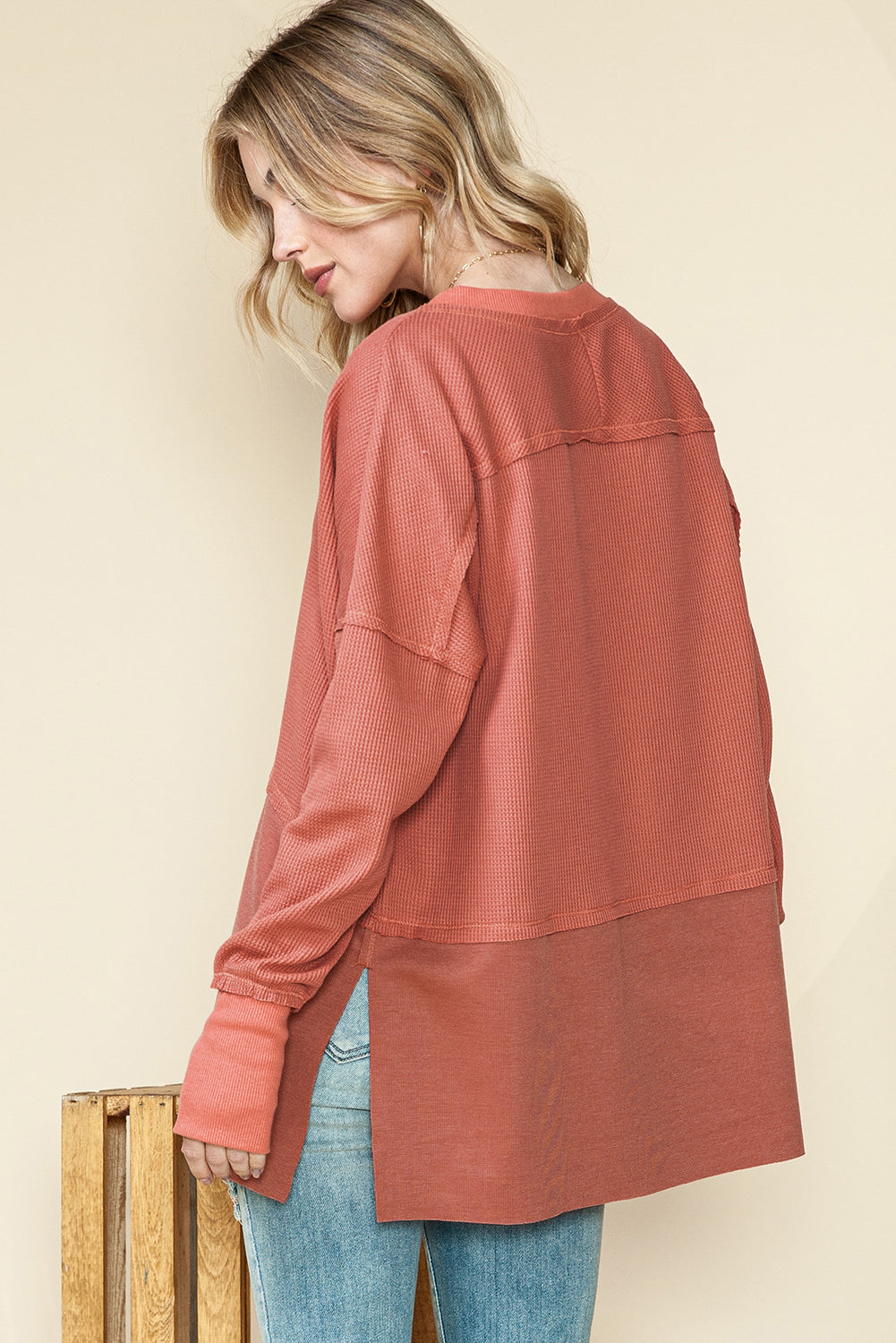 Mineral Red Waffle Knit Patchwork Exposed Seam Long Sleeve Top