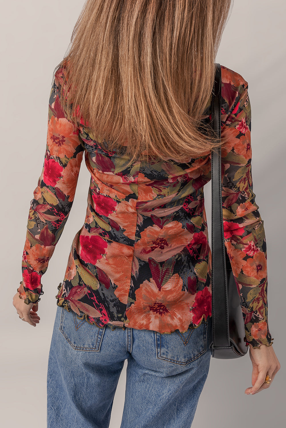 Multicolor Floral Print Lettuce Trim Long Sleeve Mesh Top