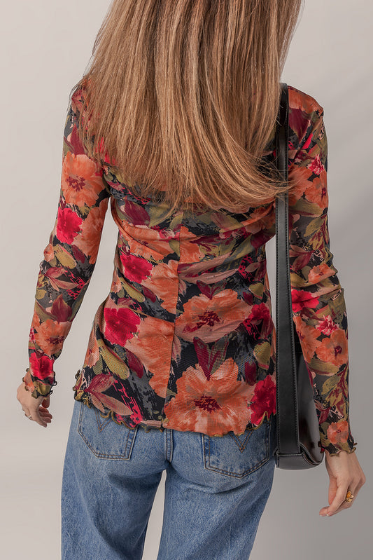 Multicolor Floral Print Lettuce Trim Long Sleeve Mesh Top
