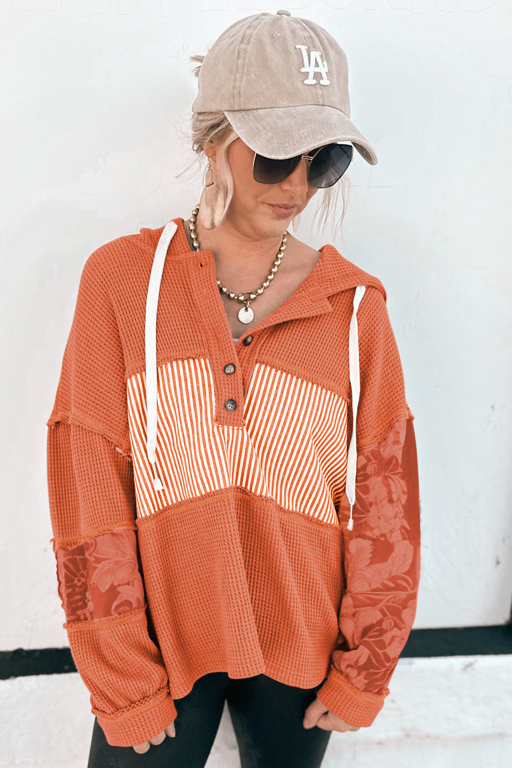 Cinnamon Striped Waffle Patchwork Drawstring Hooded Long Sleeve Top
