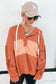 Cinnamon Striped Waffle Patchwork Drawstring Hooded Long Sleeve Top