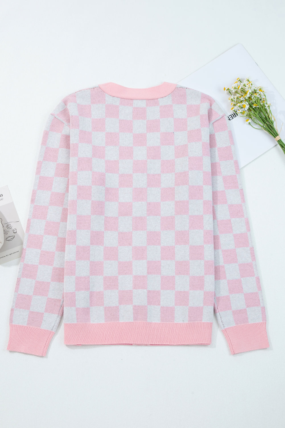 Pink Checkered Christmas Tree Pattern Button V-Neck Knit Cardigan