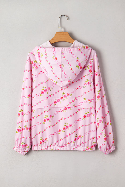 Pink Floral Print Half Zip Drawstring Hoodie