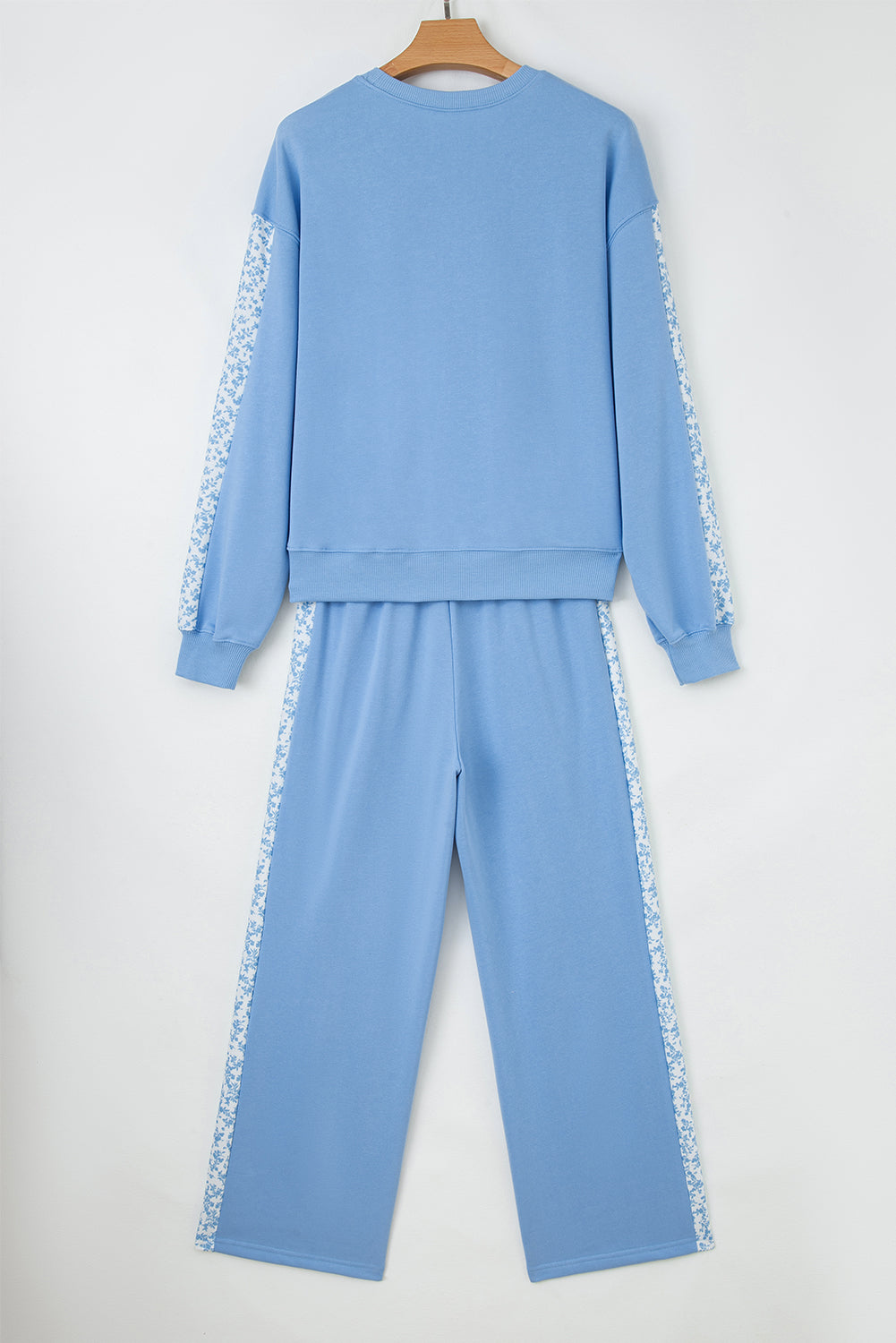 Blue Floral Patchwork Drop Shoulder Pullover and Sweatpants Lounge Set