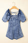 Square Neck Ruffle Trim Backless Puff Sleeve Denim Dress