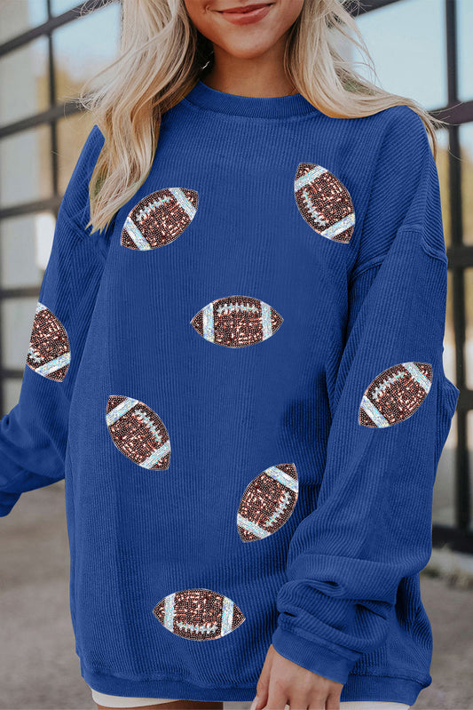 Dark Blue Ribbed Texture Sequin Football Patched Baggy Sweatshirt