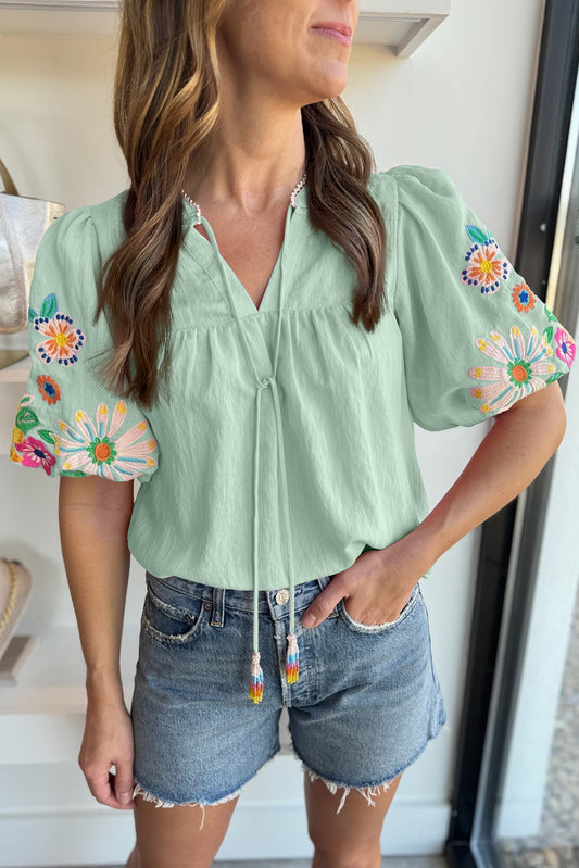Mint Floral Embroidered Puff Sleeve Split-Neck Blouse