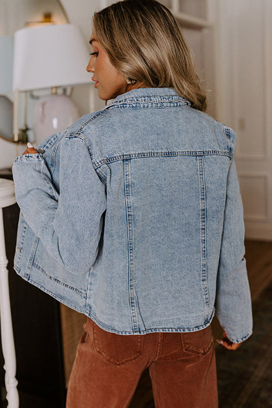 Scallop Trim Collar Pocket Button Up Denim Jacket