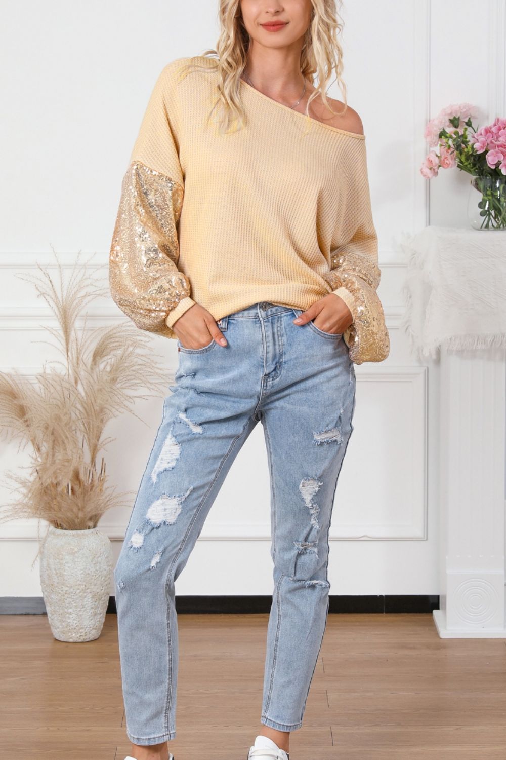 Sequin Crisscross Boat Neck Long Sleeve Blouse