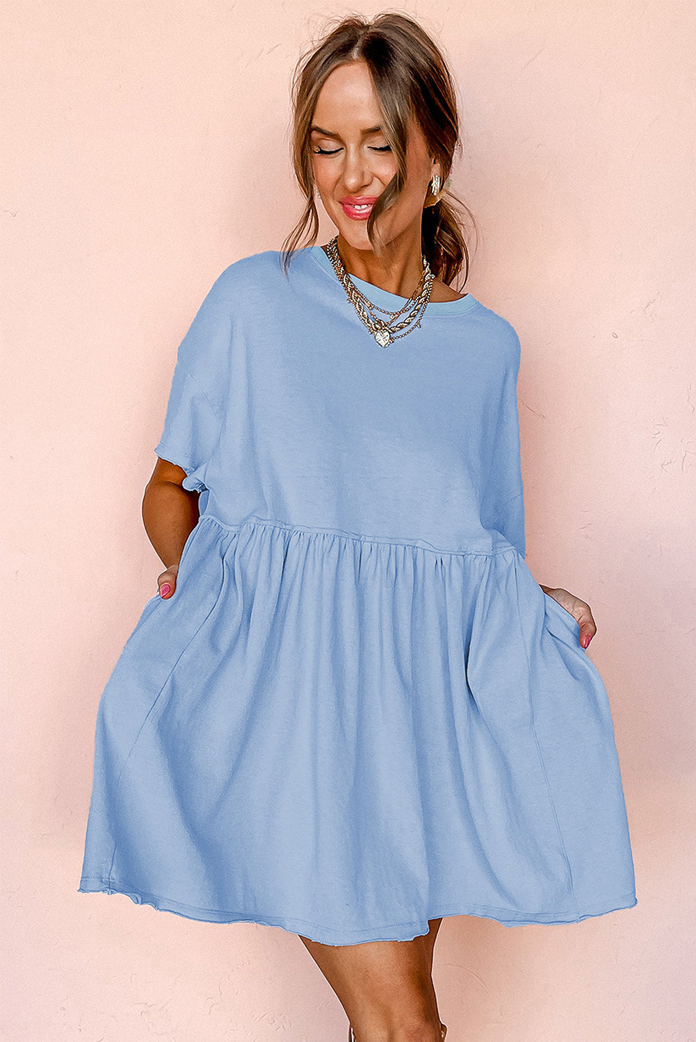 Raw Edge Pocketed Babydoll T-Shirt Dress – Blue