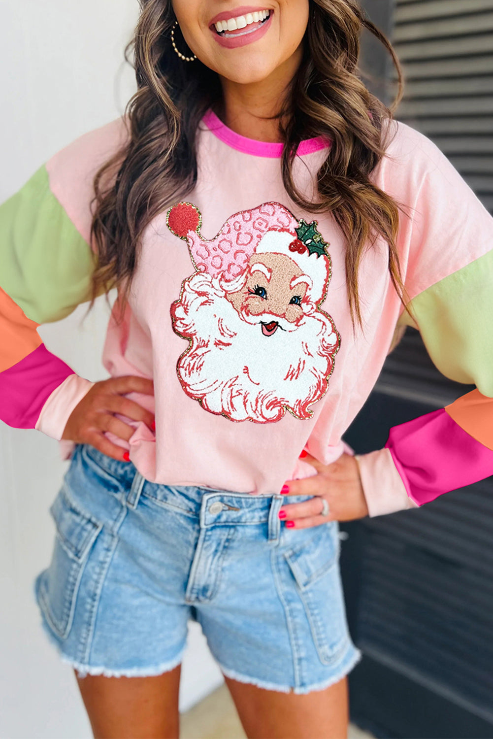 Pink Casual Colorblock Santa Claus Graphic Sweatshirt