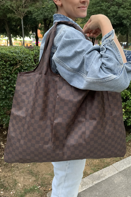 Coffee Checkered Foldable Oversized Tote Bag