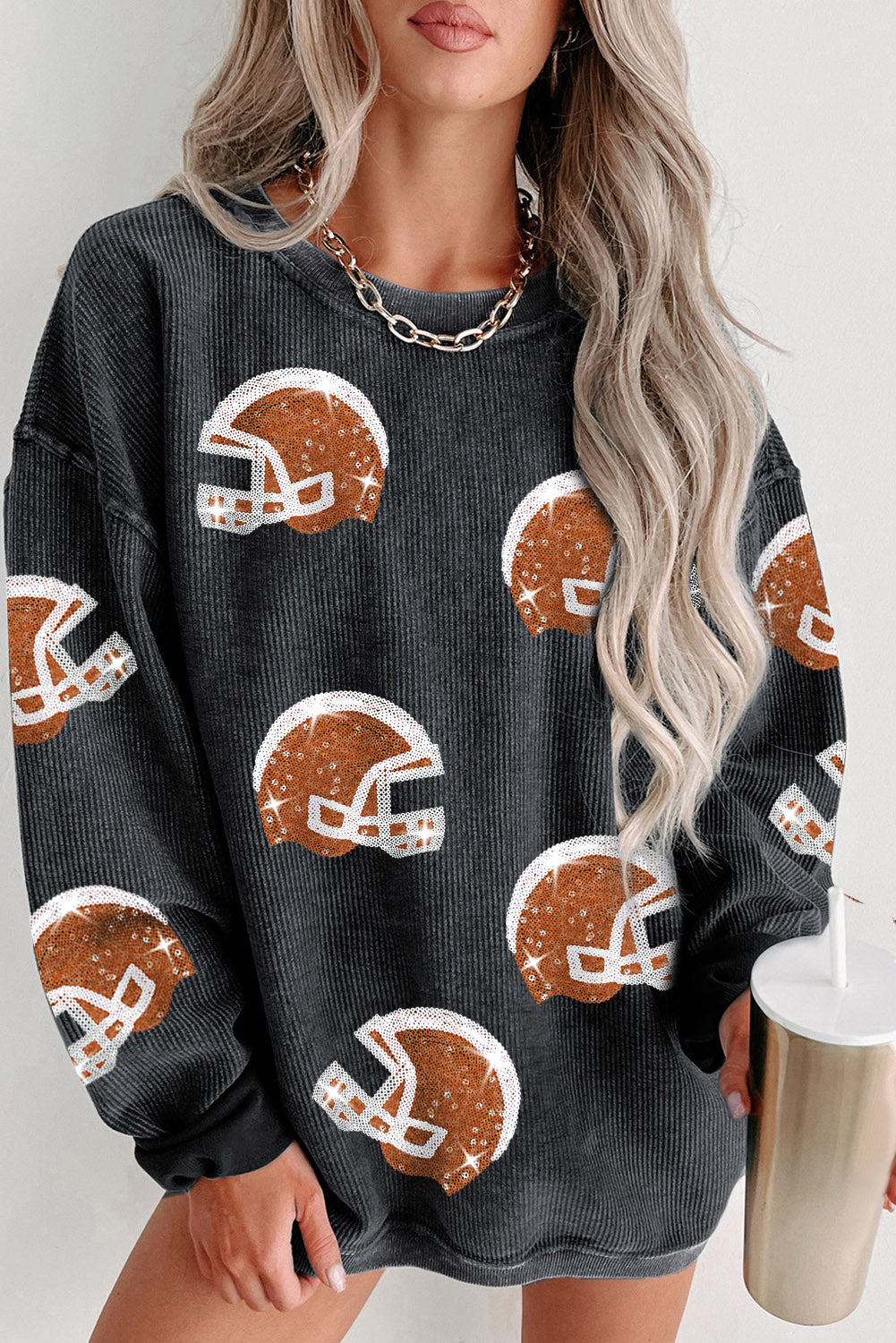 Black Sequin Rugby Helmet Patched Pattern Corded Sweatshirt