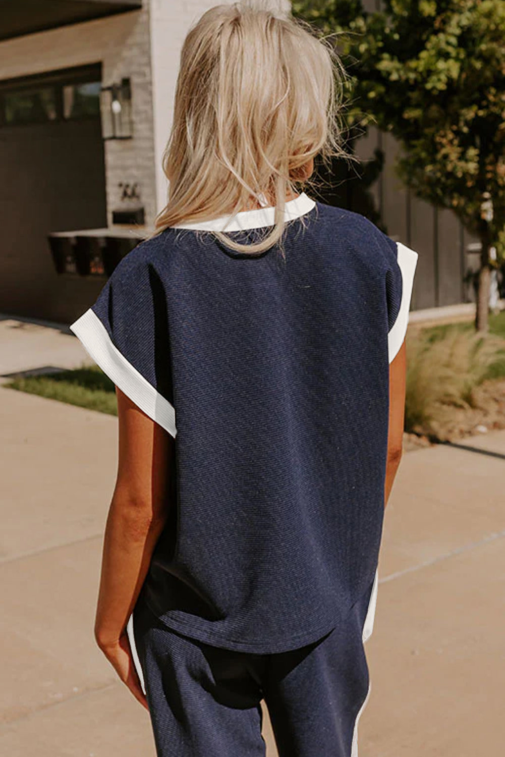 Navy Blue Color Block Pocketed T-Shirt and Wide Leg Pants Set