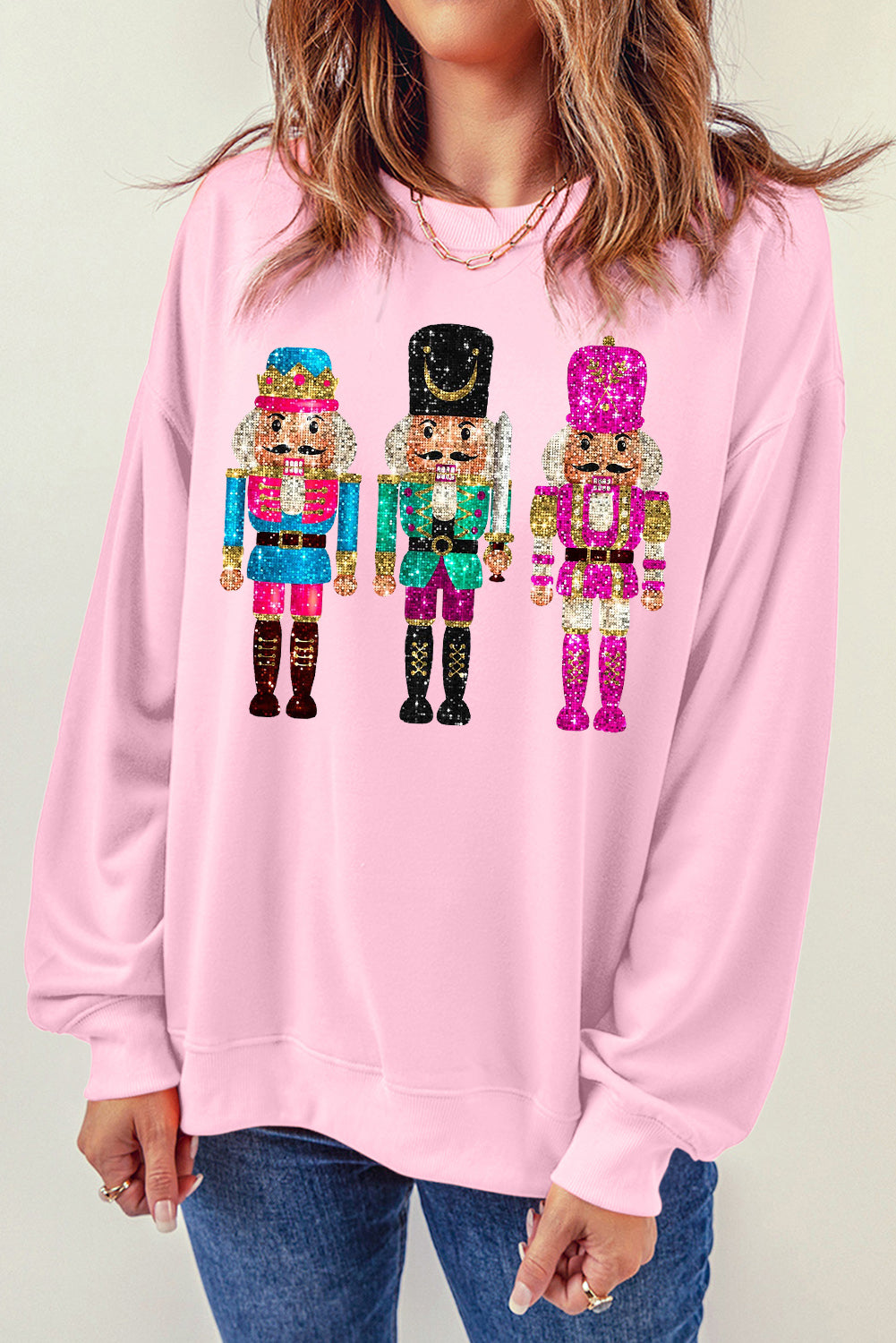 Pink Cute Nutcracker Printed Graphic Drop Shoulder Christmas Sweatshirt