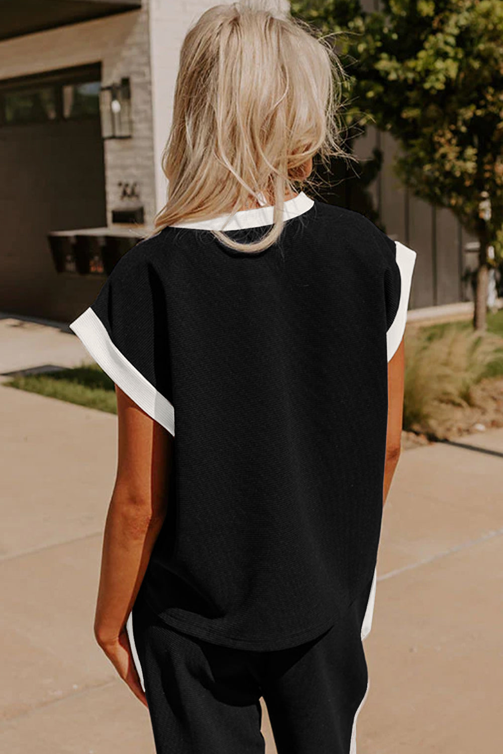 Black Color Block Pocketed T-Shirt and Wide Leg Pants Set