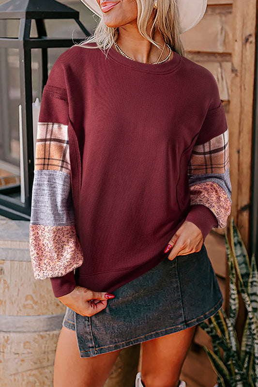 Plaid Patchwork Sleeve Raw Seam Sweatshirt