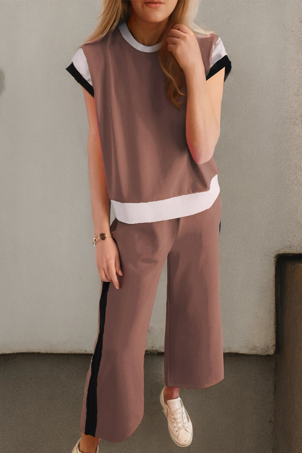 Chestnut Color Block Detail Casual Two piece Outfit