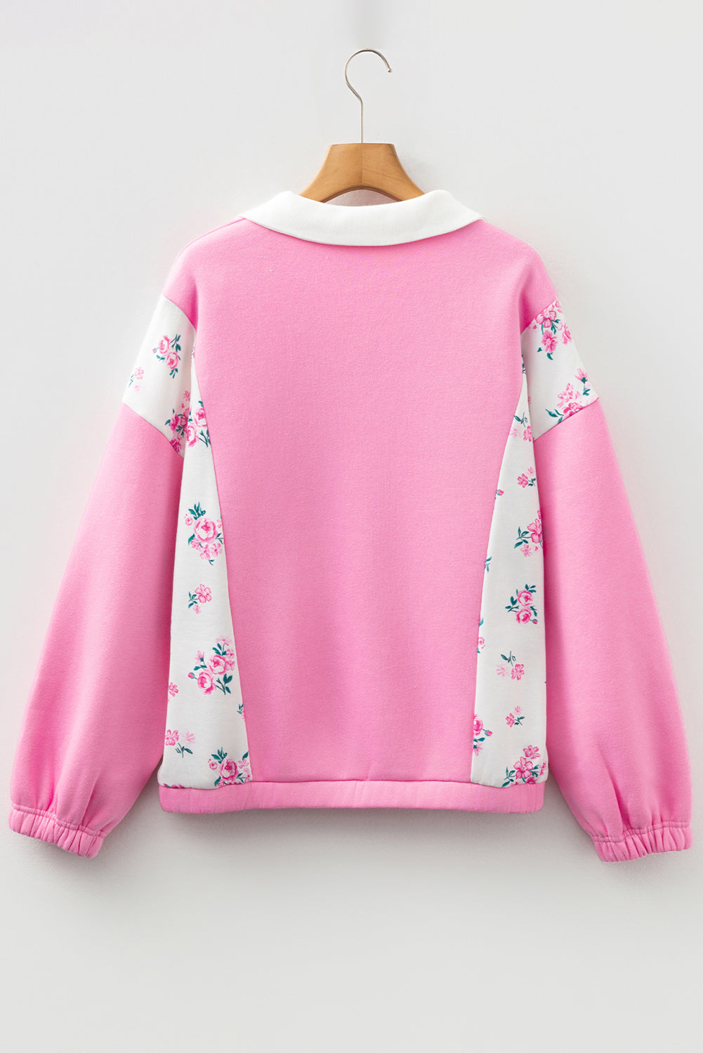 Colorblock Polo Collar Floral Patchwork Puff Sleeve Top