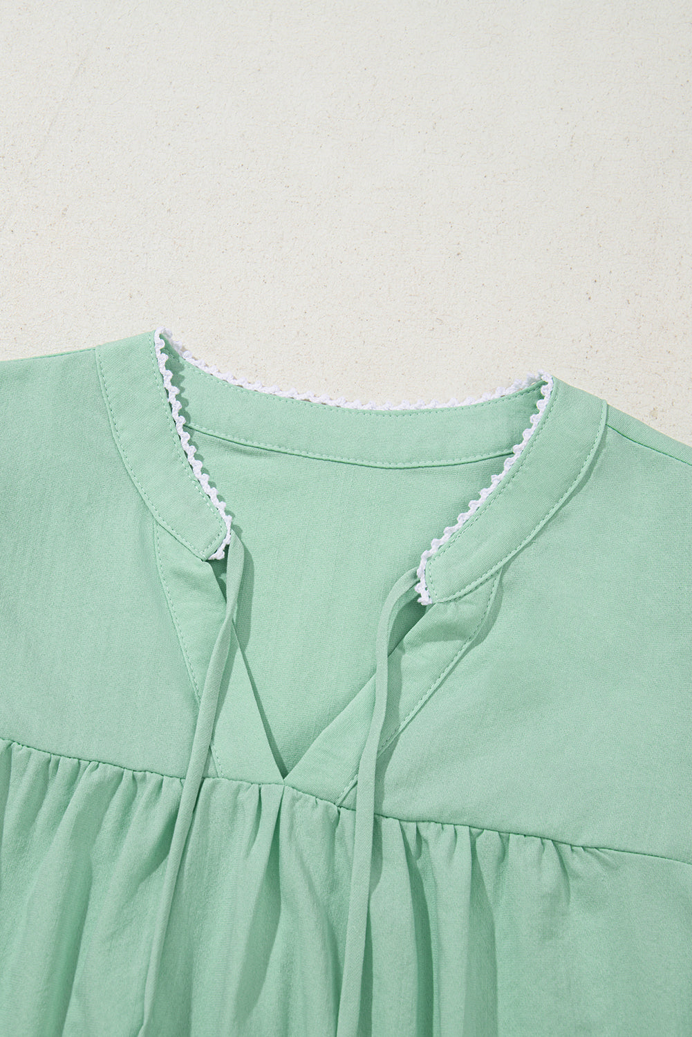 Mint Floral Embroidered Puff Sleeve Split-Neck Blouse