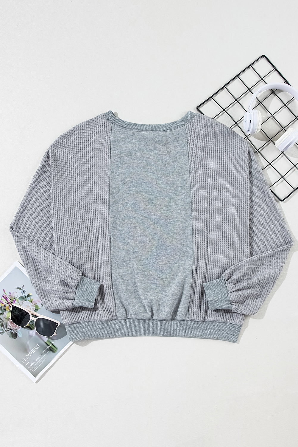 Light Grey Waffle Patchwork Long Sleeve Pullover Top