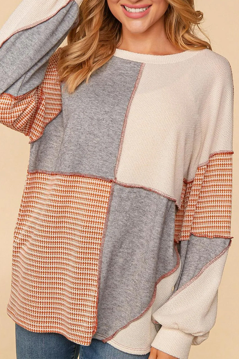 Multicolor Exposed Seam Color Block Pullover Long Sleeve Top