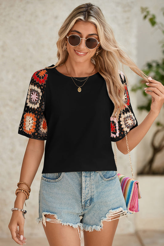 Black Floral Hollowed Crochet Sleeve Boho T Shirt