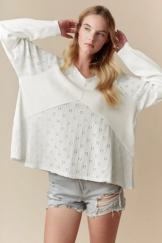 Embroidered Patchwork V-Neck Top – White