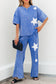 Blue Acid Wash Star Patched Rolled Trim Pants Set