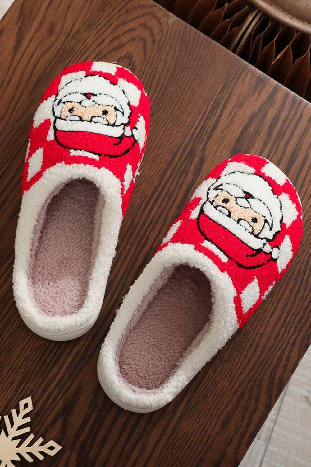 Red Checkered Santa Claus Graphic Plush Home Slippers