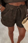 Dark Brown Solid Color Textured Knit Drop Shoulder Pullover Drawstring Shorts Set