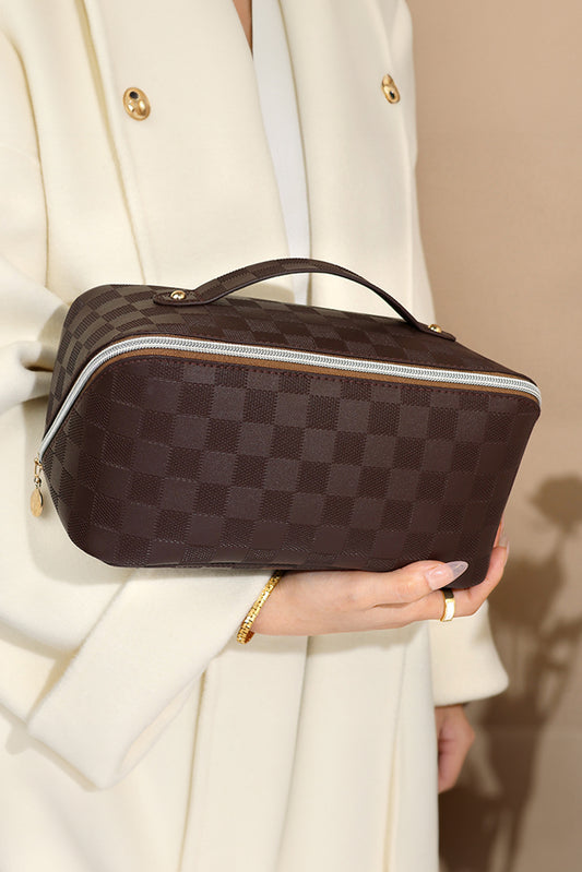 Chestnut Checkered Zipper Handle PU Leather Travel Makeup Bag