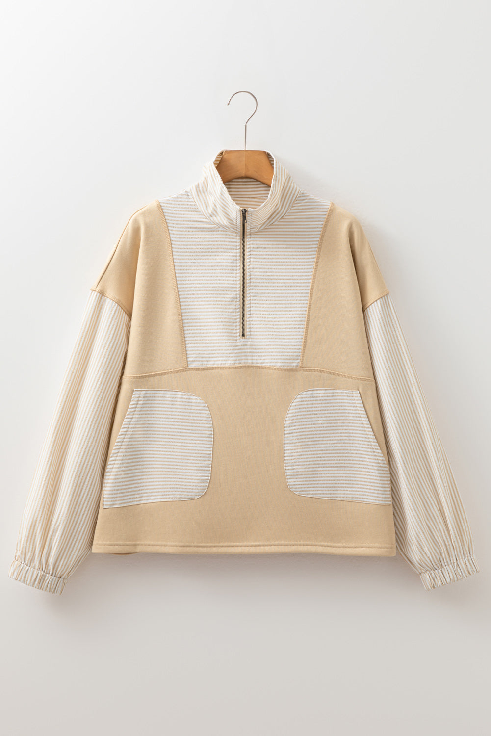 Quarter Zip Striped Patchwork Drop Shoulder Loose Long Sleeve Top