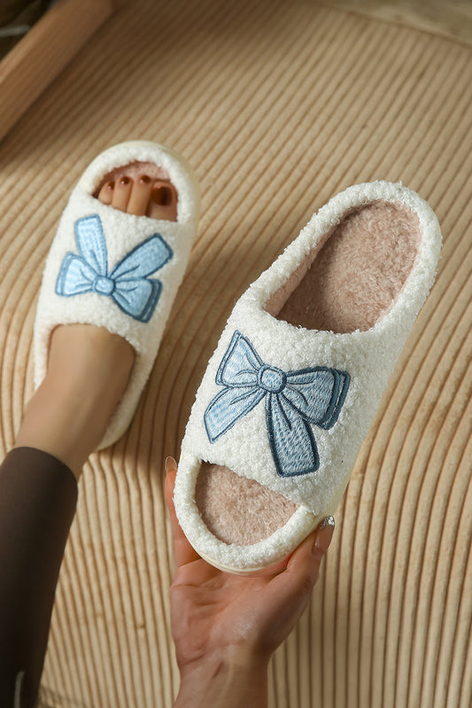 Fuzzy Embroidered Bow Open-Toe Slippers – Soft, Sweet & Cozy