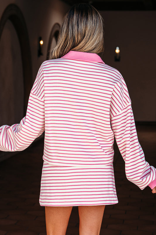Pink Stripe Collared V-Neck Drop Shoulder Pullover and Skort Two Piece Set